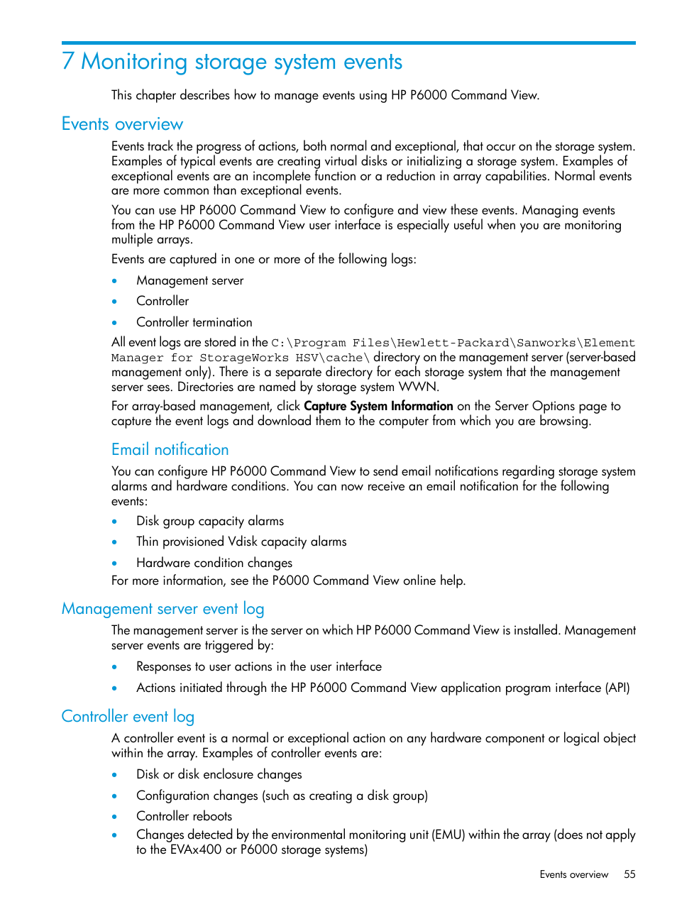 7 monitoring storage system events, Events overview, Management server event log | Controller event log, Management server event log controller event log, Email notification | HP Command View EVA Software User Manual | Page 55 / 113