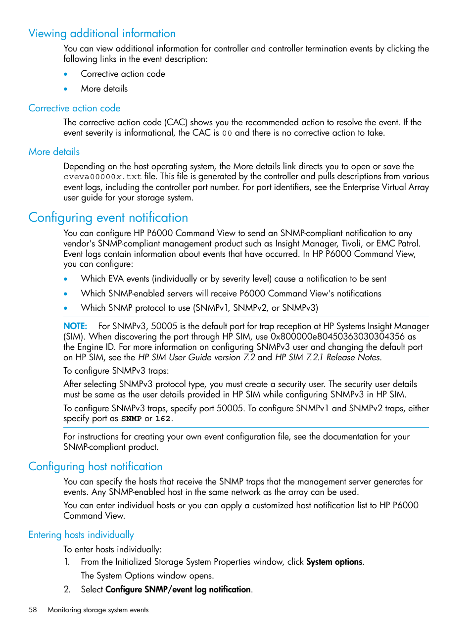 Viewing additional information, Corrective action code, More details | Configuring event notification, Configuring host notification, Entering hosts individually, Corrective action code more details, Viewing additional | HP Command View EVA Software User Manual | Page 58 / 113