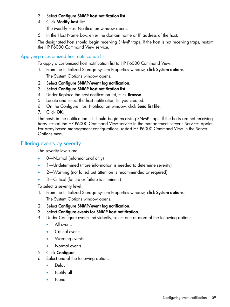 Applying a customized host notification list, Filtering events by severity | HP Command View EVA Software User Manual | Page 59 / 113