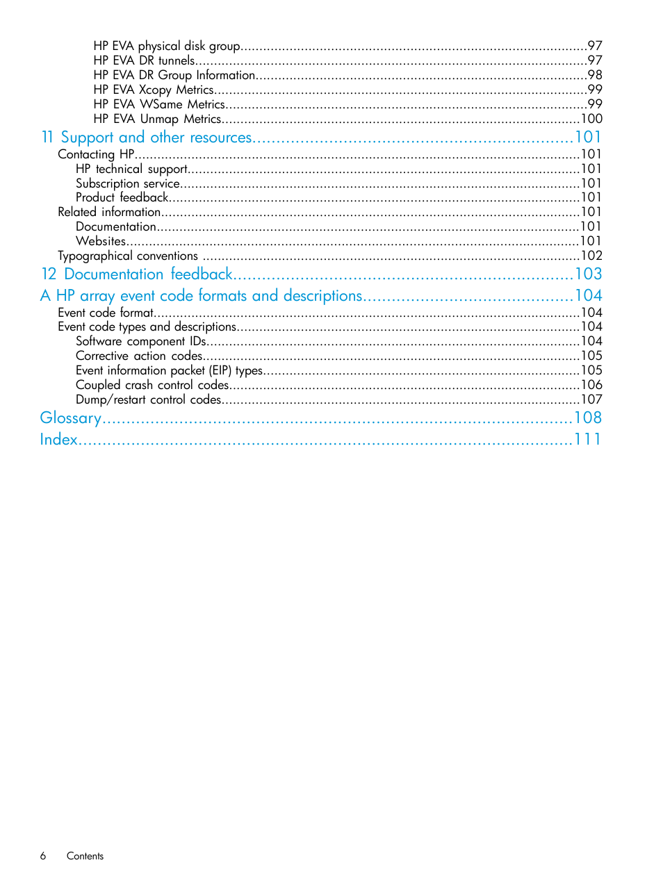 11 support and other resources, Glossary index | HP Command View EVA Software User Manual | Page 6 / 113