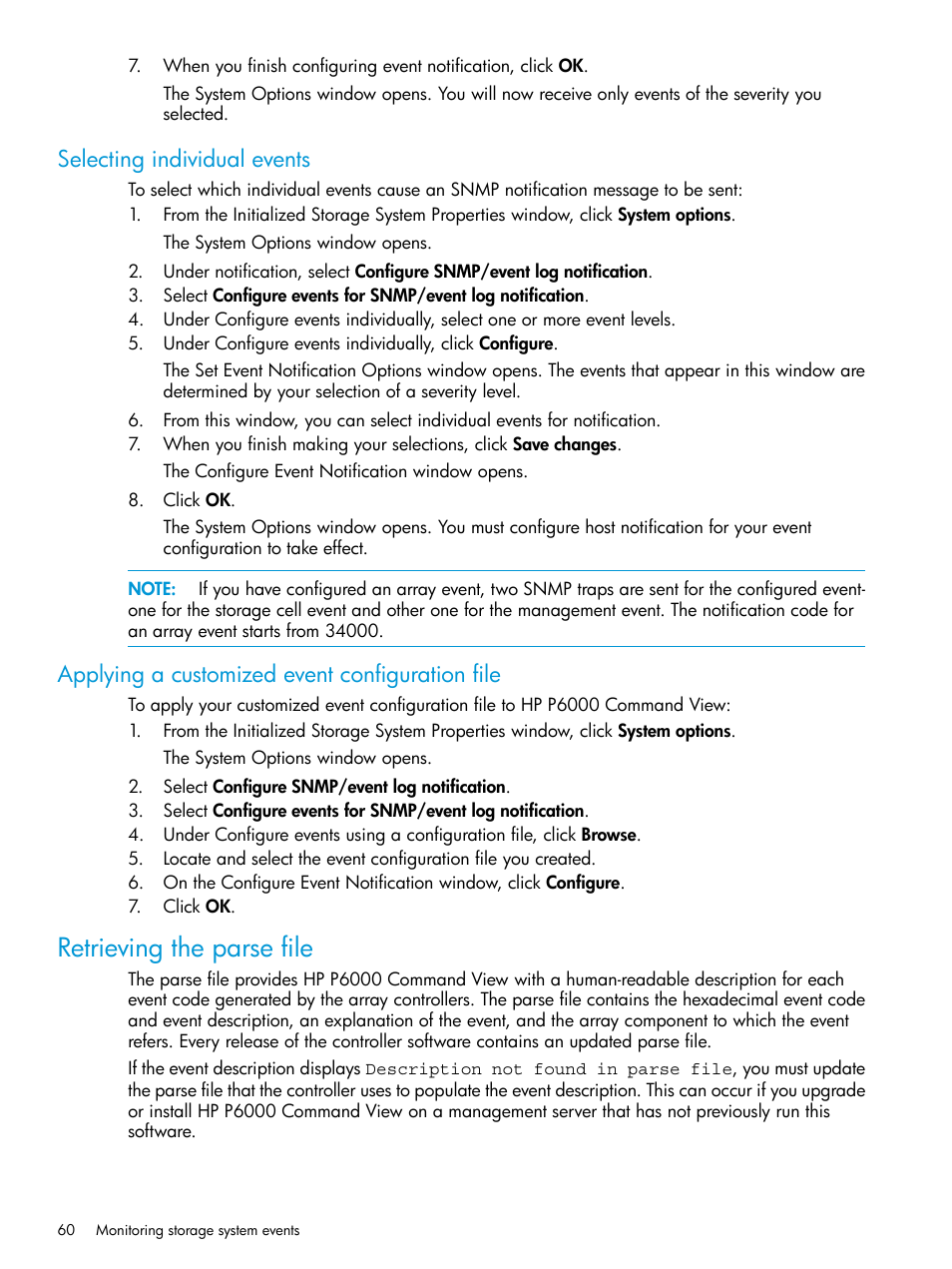 Selecting individual events, Applying a customized event configuration file, Retrieving the parse file | HP Command View EVA Software User Manual | Page 60 / 113