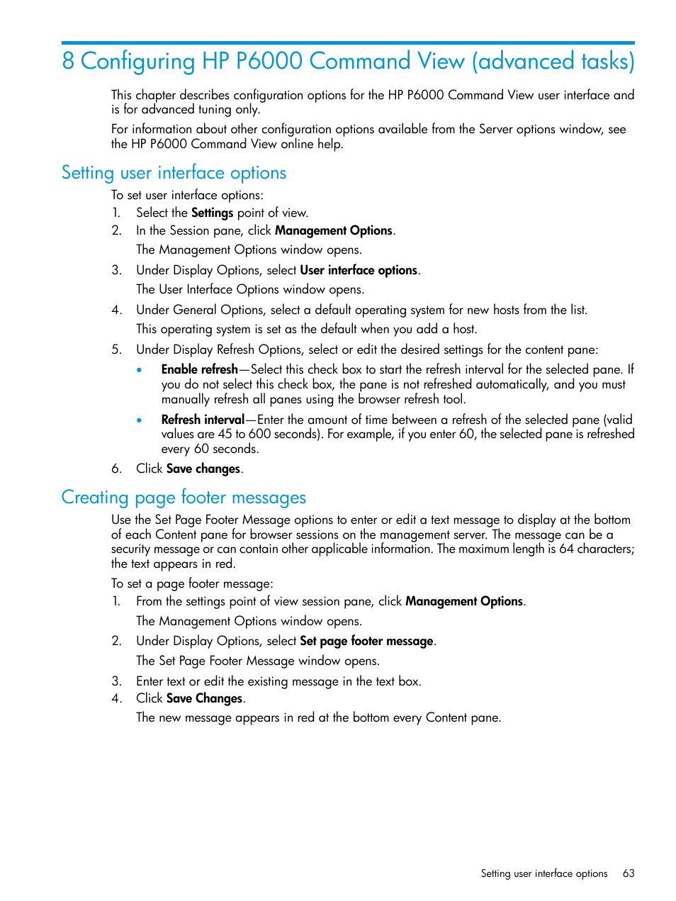 Setting user interface options, Creating page footer messages | HP Command View EVA Software User Manual | Page 63 / 113