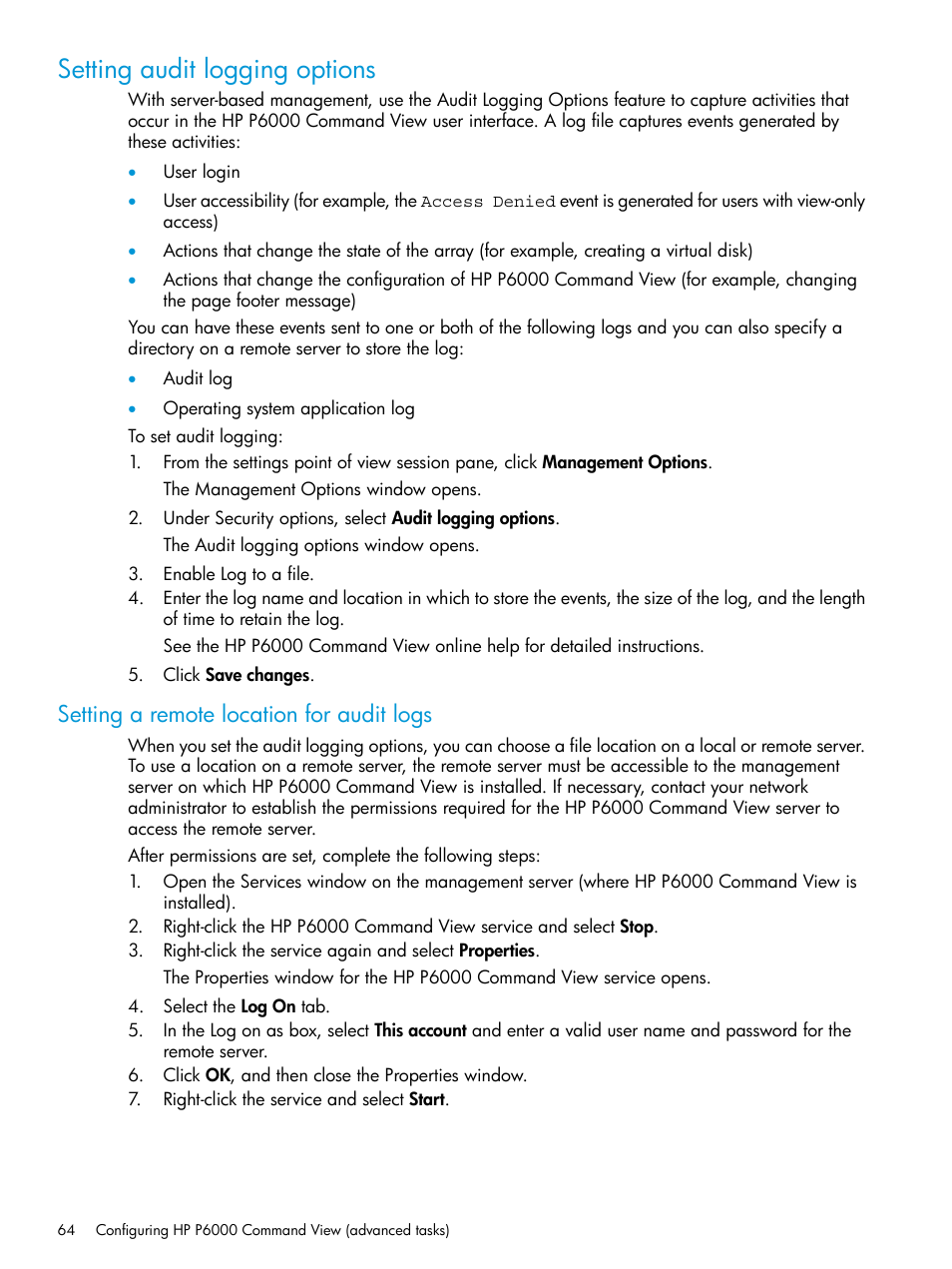 Setting audit logging options, Setting a remote location for audit logs | HP Command View EVA Software User Manual | Page 64 / 113