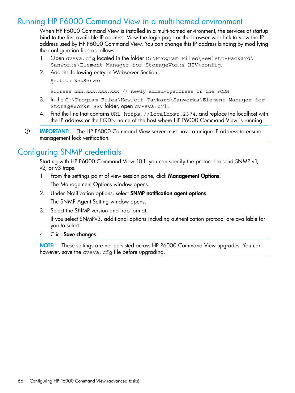 Configuring snmp credentials | HP Command View EVA Software User Manual | Page 66 / 113