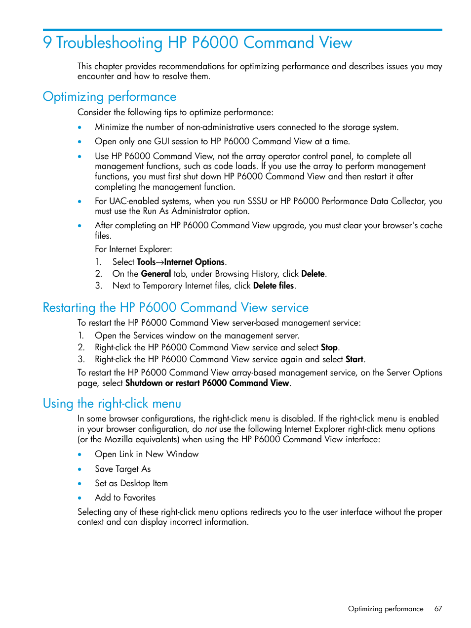 9 troubleshooting hp p6000 command view, Optimizing performance, Restarting the hp p6000 command view service | Using the right-click menu | HP Command View EVA Software User Manual | Page 67 / 113