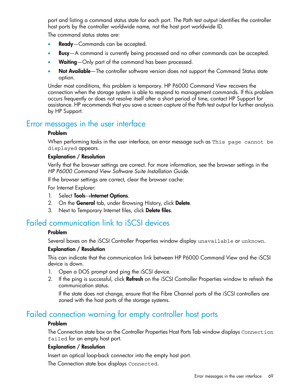 Error messages in the user interface, Failed communication link to iscsi devices | HP Command View EVA Software User Manual | Page 69 / 113