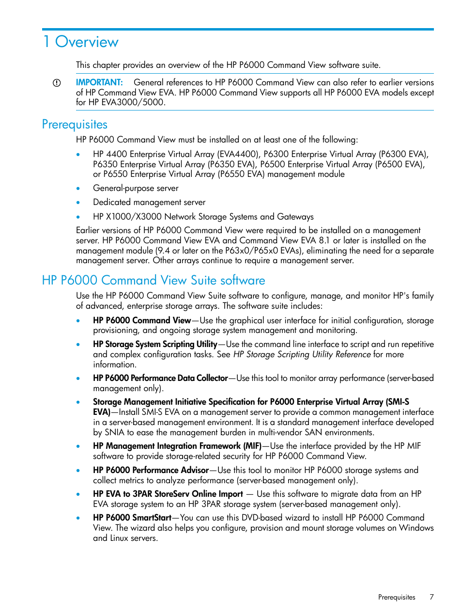 1 overview, Prerequisites, Hp p6000 command view suite software | Prerequisites hp p6000 command view suite software | HP Command View EVA Software User Manual | Page 7 / 113