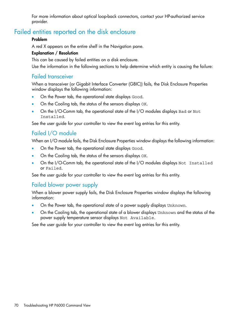 Failed entities reported on the disk enclosure, Failed transceiver, Failed i/o module | Failed blower power supply | HP Command View EVA Software User Manual | Page 70 / 113