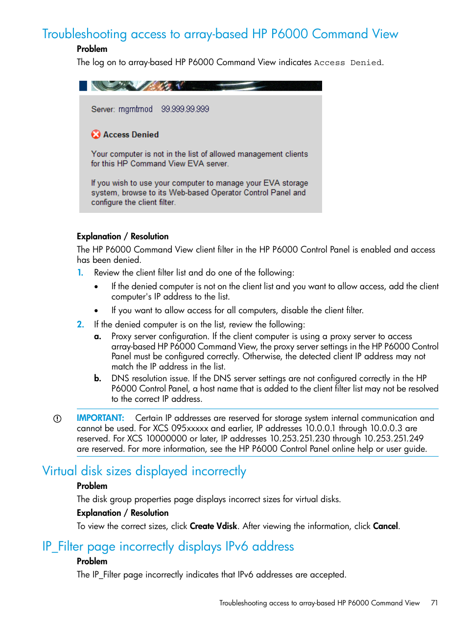 Virtual disk sizes displayed incorrectly, Ip_filter page incorrectly displays ipv6 address | HP Command View EVA Software User Manual | Page 71 / 113