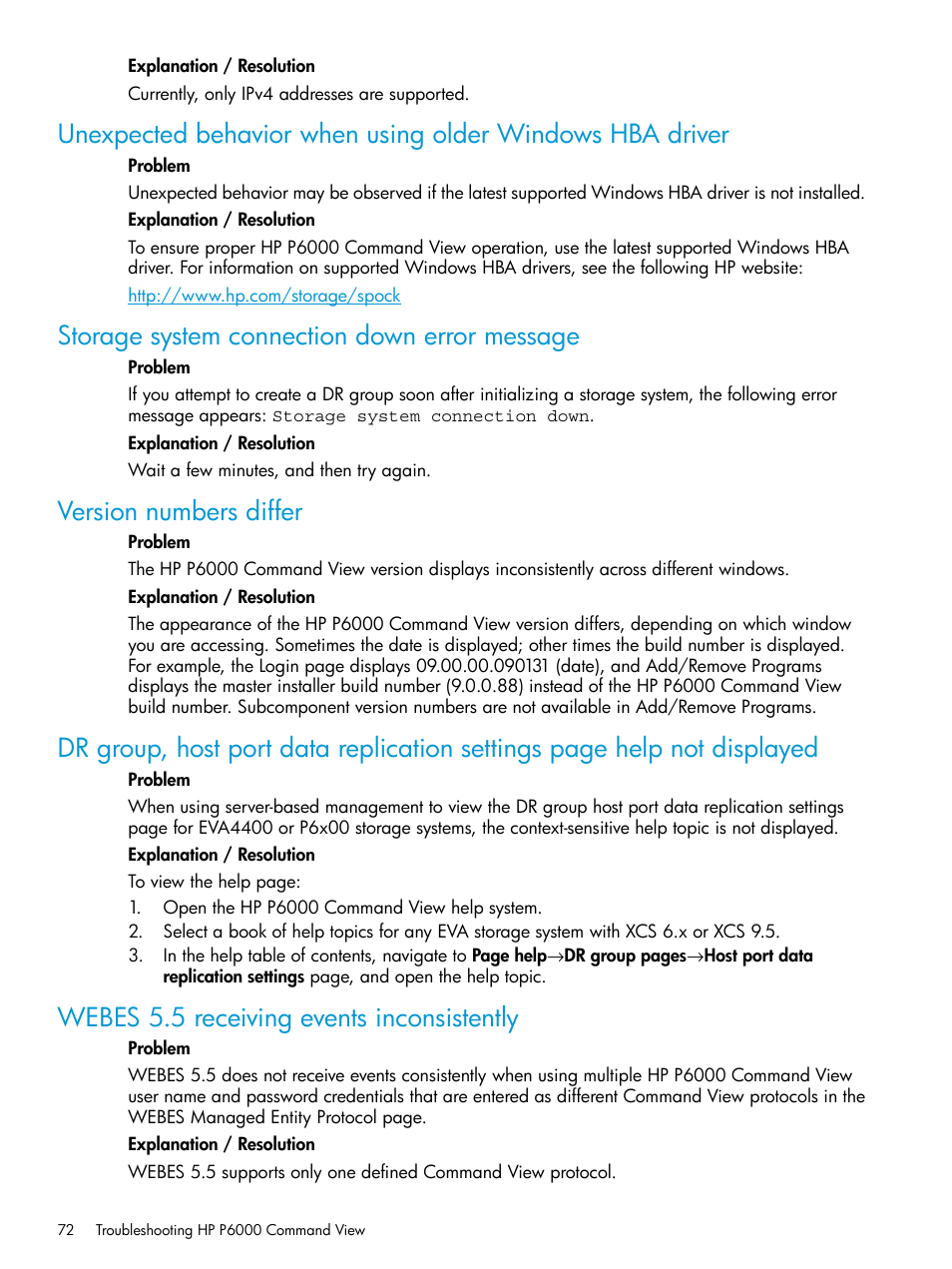 Storage system connection down error message, Version numbers differ, Webes 5.5 receiving events inconsistently | HP Command View EVA Software User Manual | Page 72 / 113