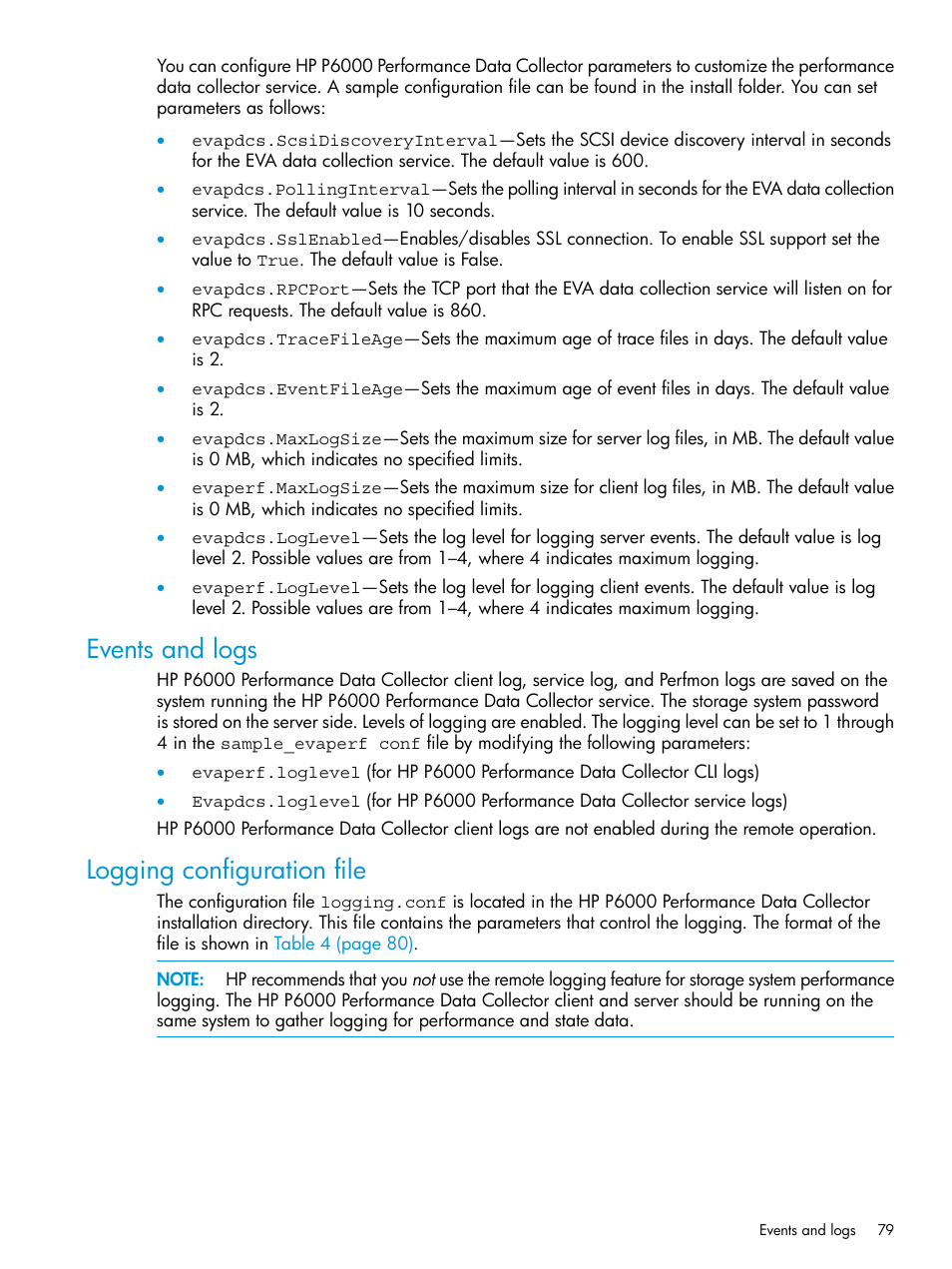 Events and logs, Logging configuration file, Events and logs logging configuration file | HP Command View EVA Software User Manual | Page 79 / 113