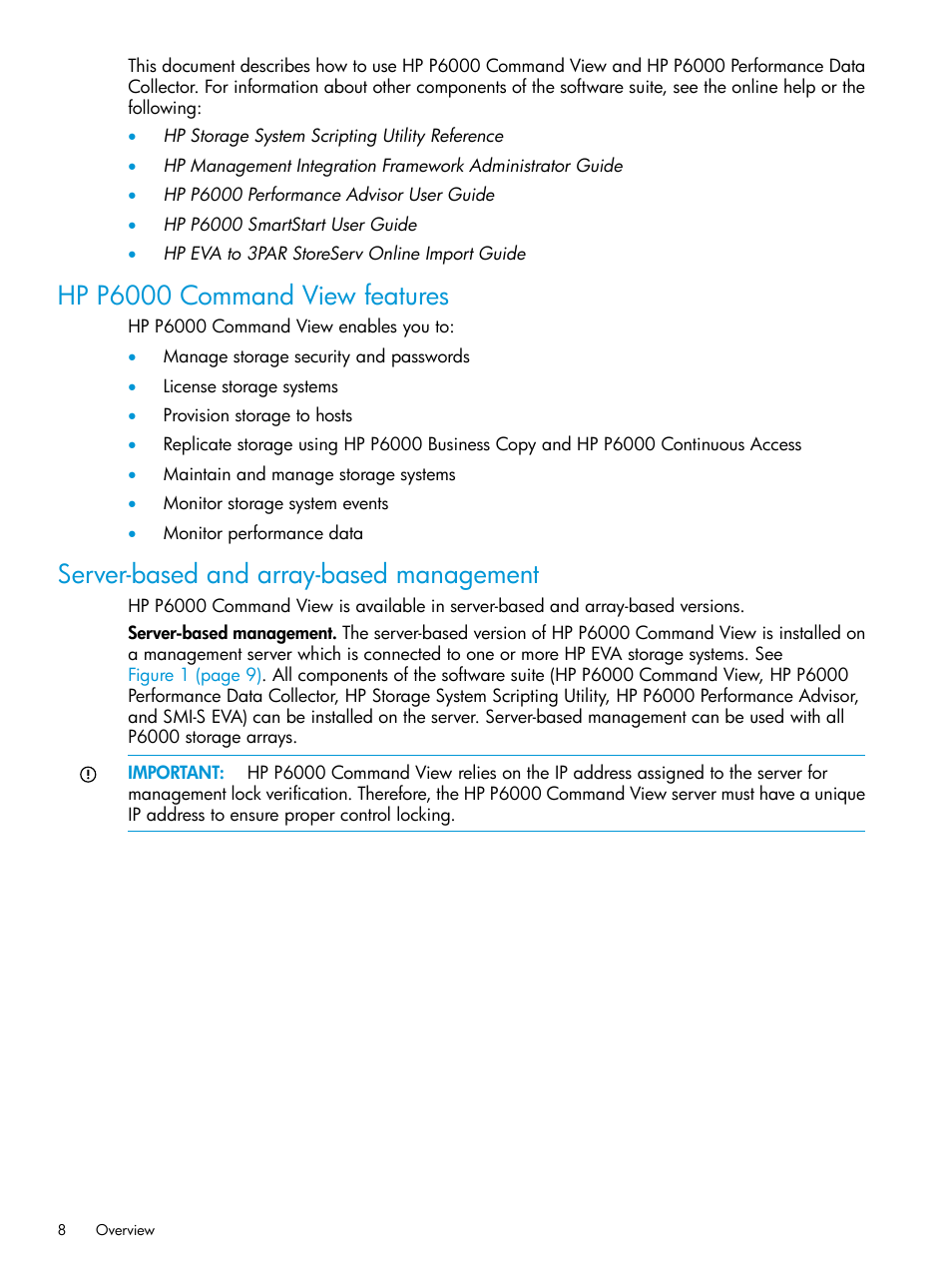 Hp p6000 command view features, Server-based and array-based management | HP Command View EVA Software User Manual | Page 8 / 113