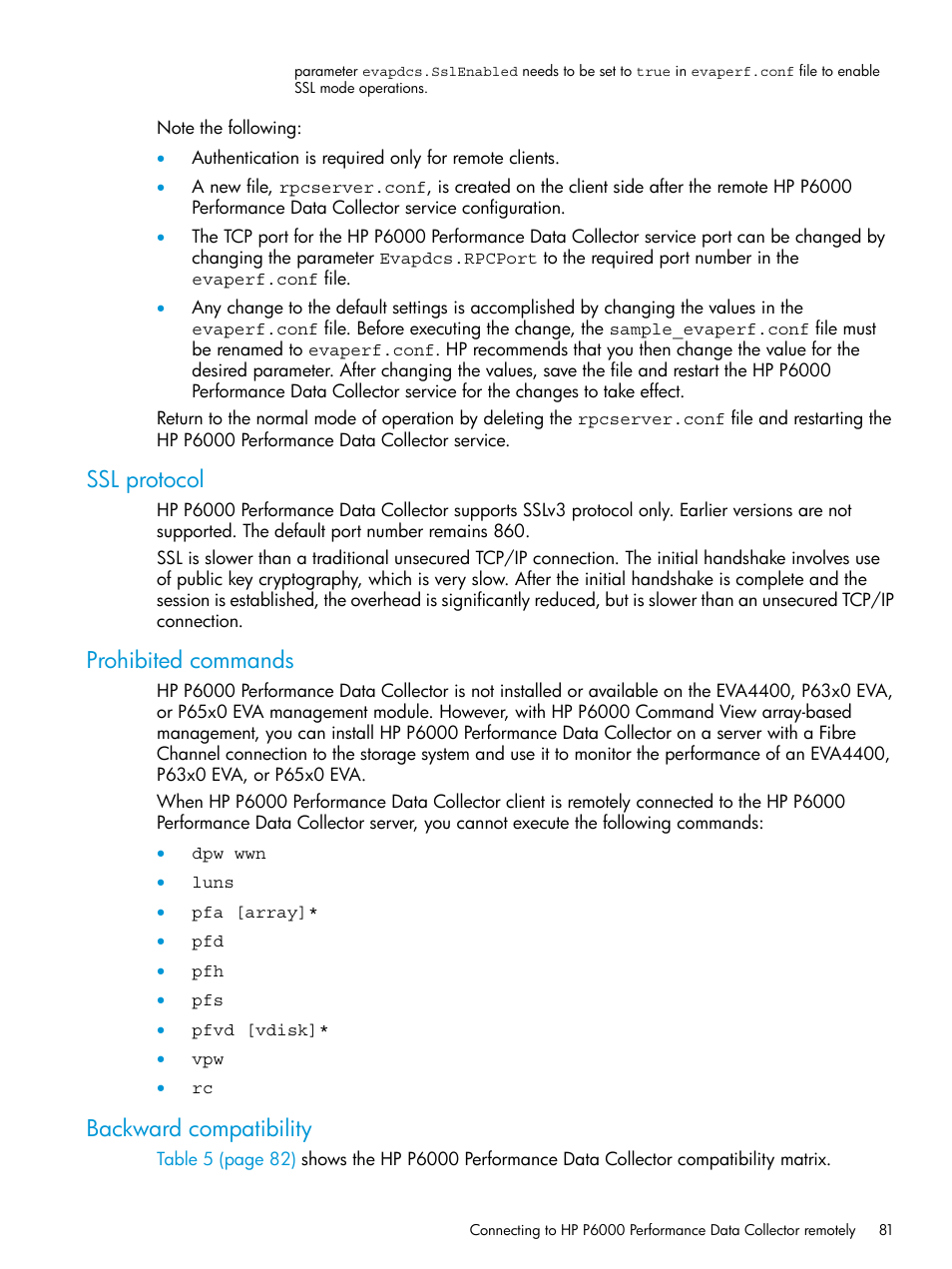 Ssl protocol, Prohibited commands, Backward compatibility | HP Command View EVA Software User Manual | Page 81 / 113