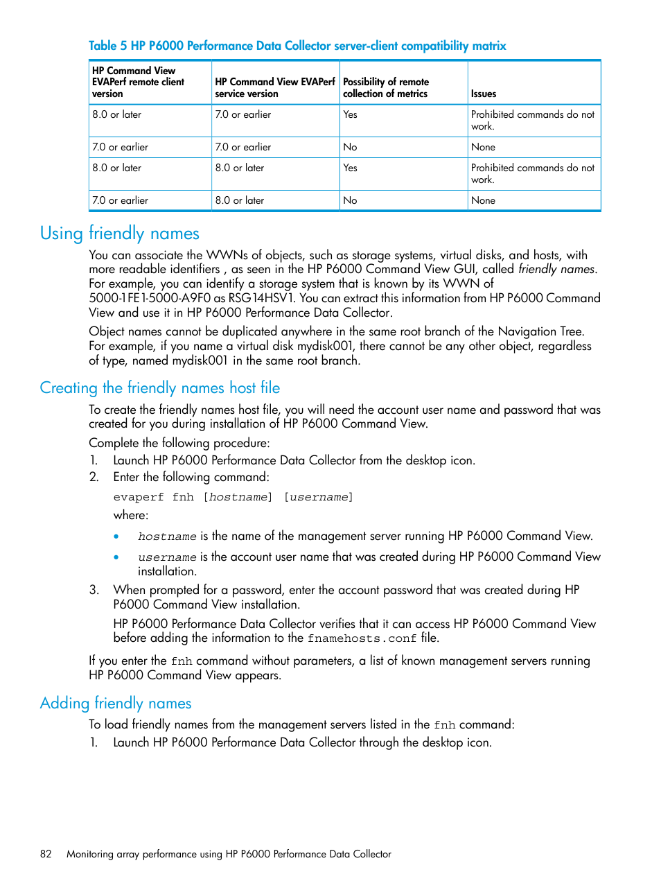 Using friendly names, Creating the friendly names host file, Adding friendly names | HP Command View EVA Software User Manual | Page 82 / 113