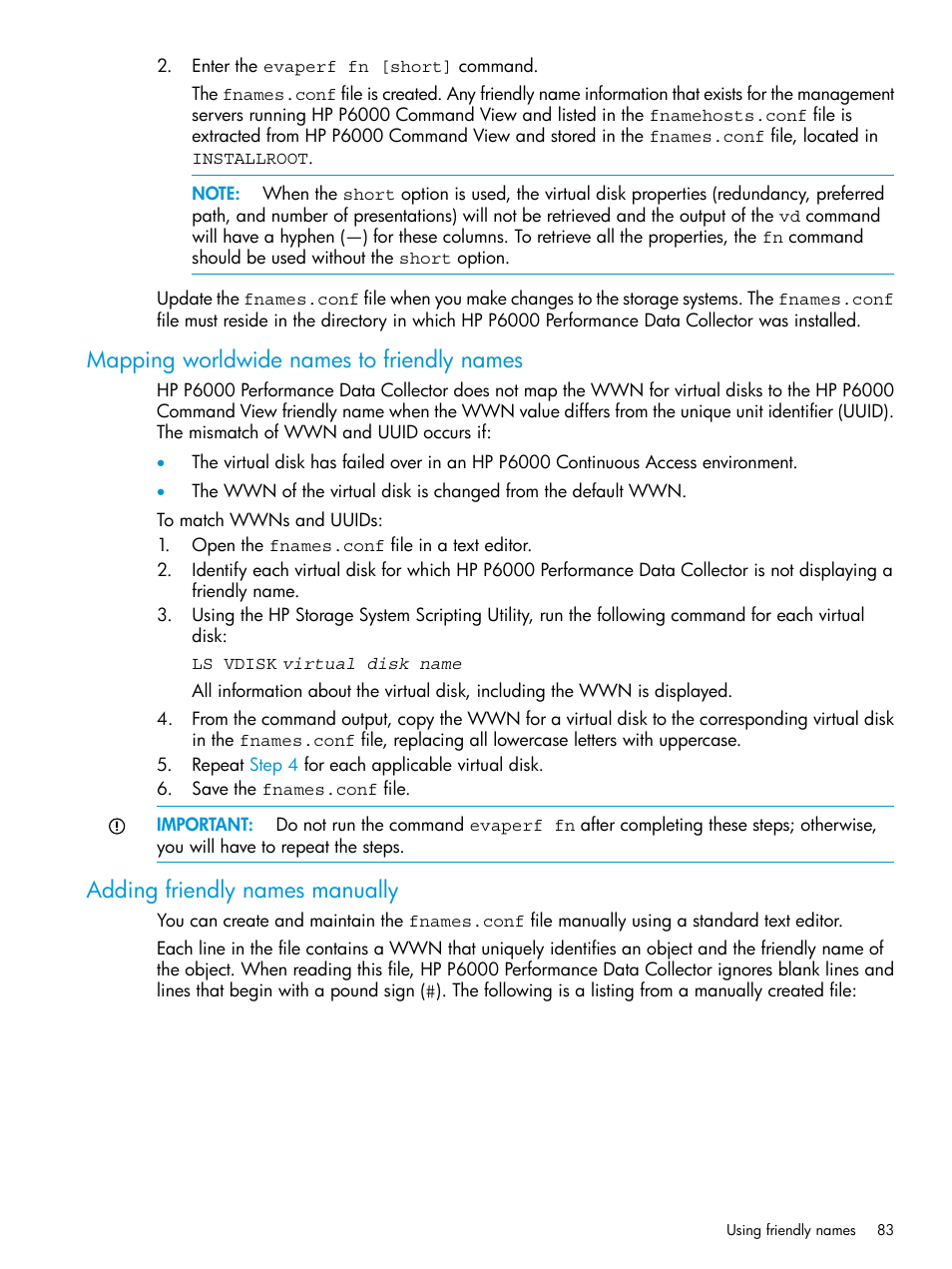 Mapping worldwide names to friendly names, Adding friendly names manually | HP Command View EVA Software User Manual | Page 83 / 113