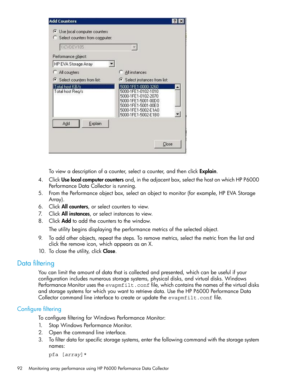 Data filtering, Configure filtering | HP Command View EVA Software User Manual | Page 92 / 113