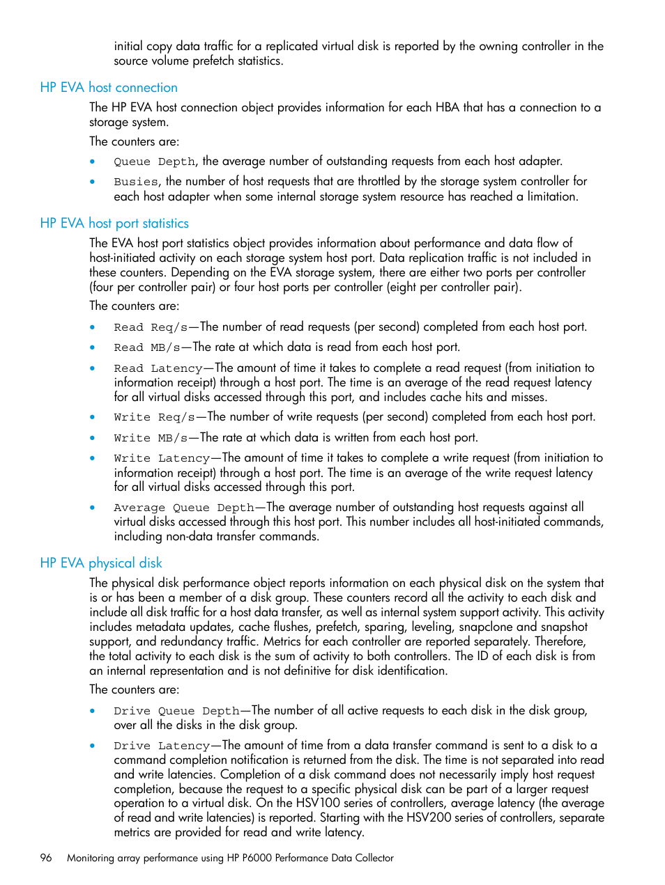 Hp eva host connection, Hp eva host port statistics, Hp eva physical disk | HP Command View EVA Software User Manual | Page 96 / 113