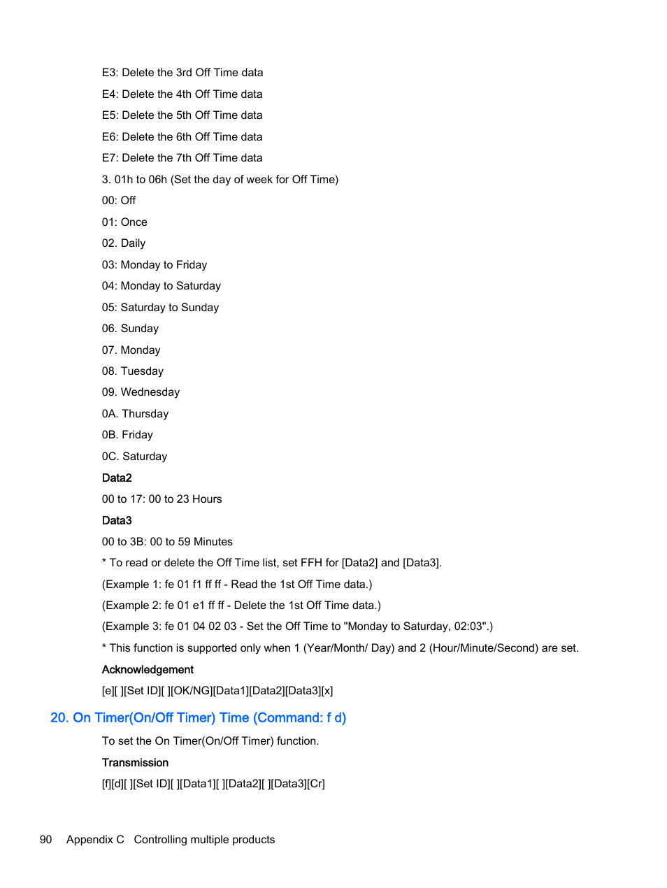 On timer(on/off timer) time (command: f d) | HP LD4245tm 41.92-inch Interactive LED Digital Signage Display User Manual | Page 100 / 114