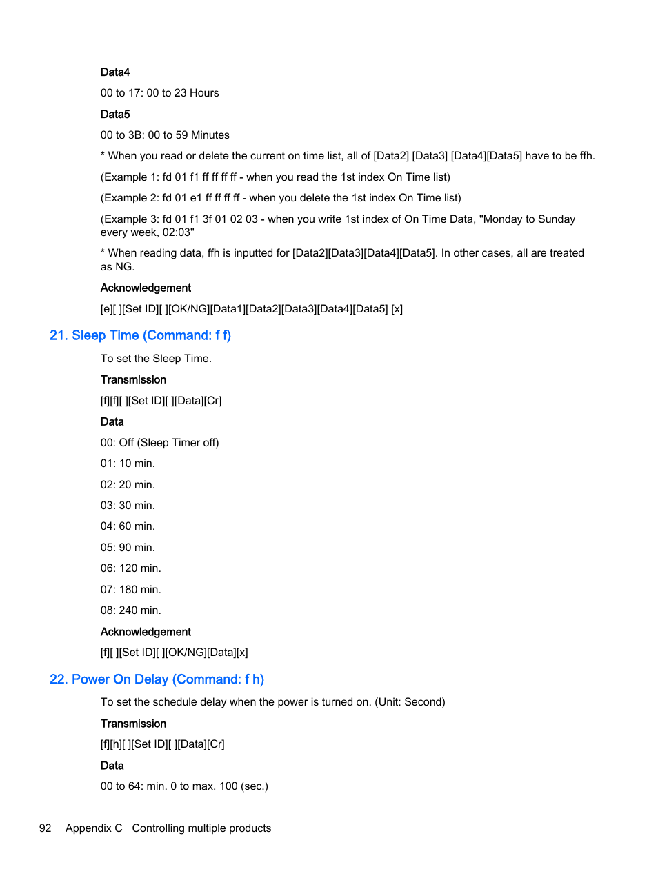 Sleep time (command: f f), Power on delay (command: f h) | HP LD4245tm 41.92-inch Interactive LED Digital Signage Display User Manual | Page 102 / 114