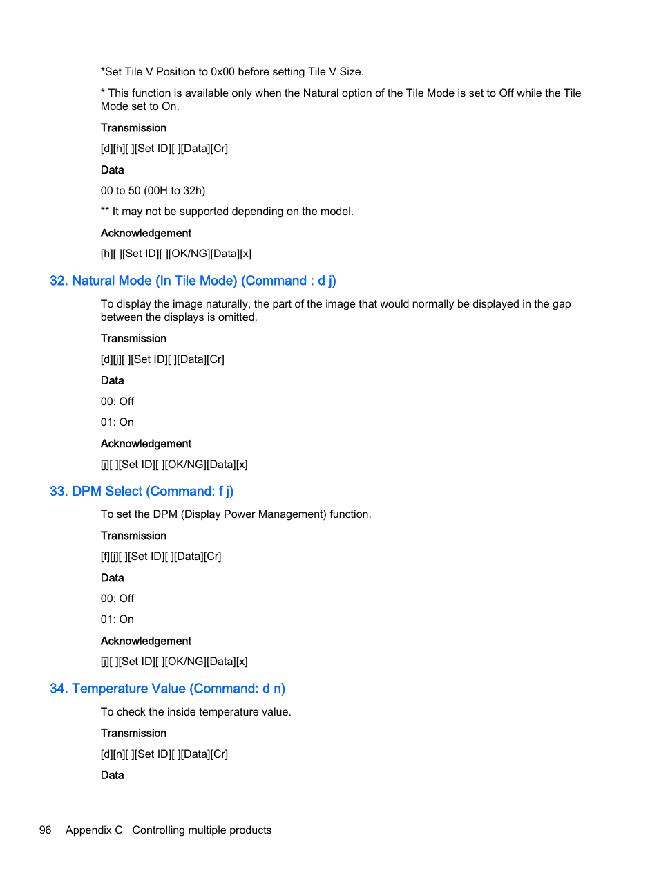 Natural mode (in tile mode) (command : d j), Dpm select (command: f j), Temperature value (command: d n) | HP LD4245tm 41.92-inch Interactive LED Digital Signage Display User Manual | Page 106 / 114