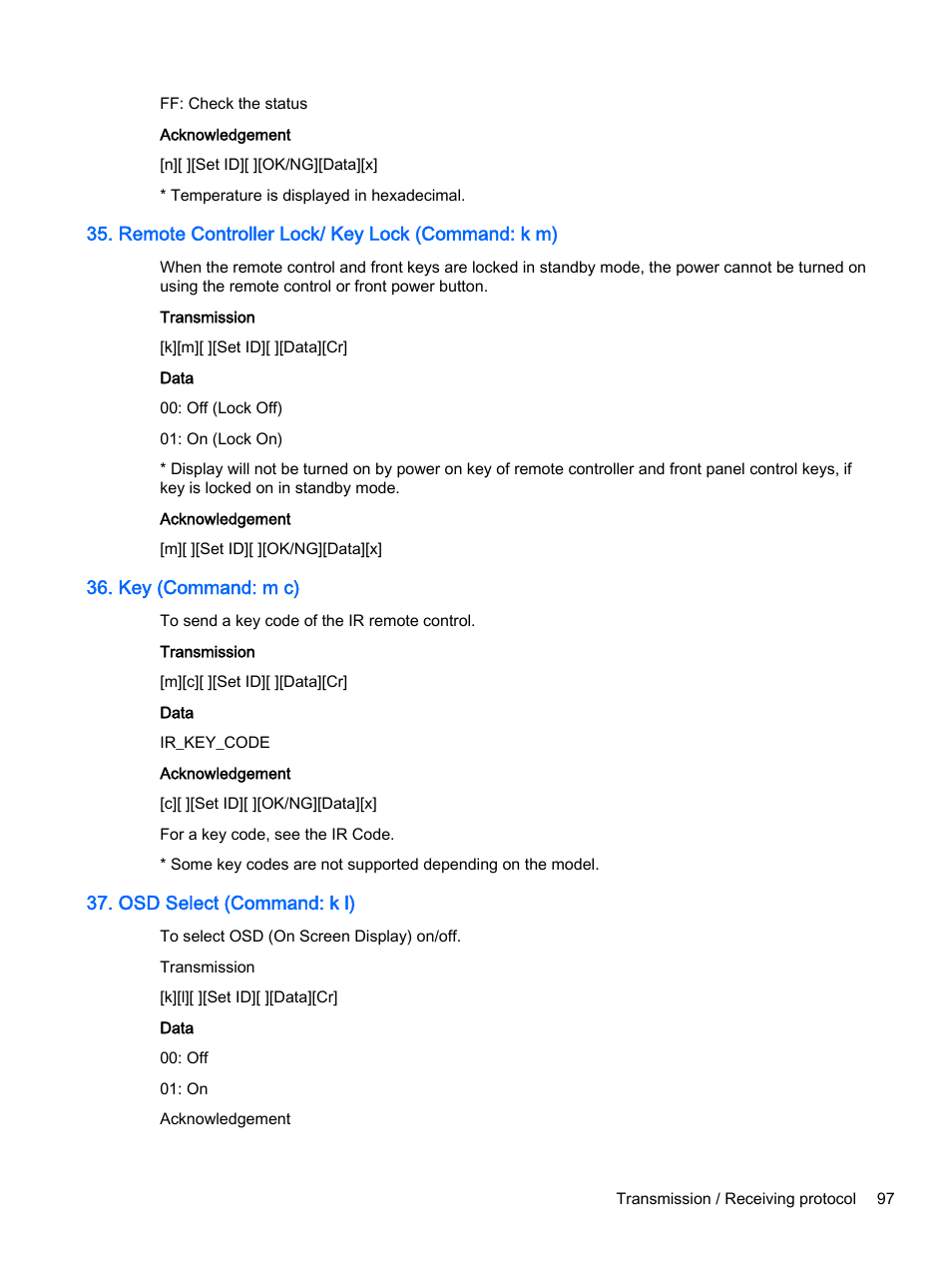Remote controller lock/ key lock (command: k m), Key (command: m c), Osd select (command: k l) | HP LD4245tm 41.92-inch Interactive LED Digital Signage Display User Manual | Page 107 / 114