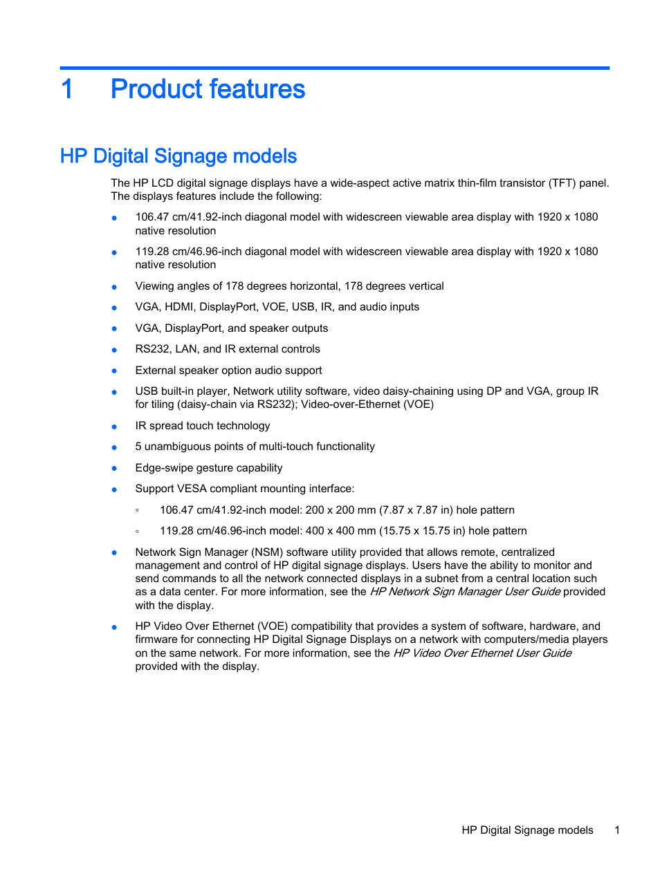 Product features, Hp digital signage models, 1 product features | 1product features | HP LD4245tm 41.92-inch Interactive LED Digital Signage Display User Manual | Page 11 / 114