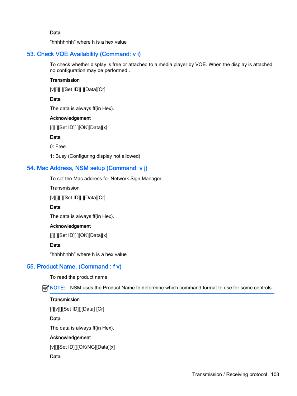 Check voe availability (command: v i), Mac address, nsm setup (command: v j), Product name. (command : f v) | HP LD4245tm 41.92-inch Interactive LED Digital Signage Display User Manual | Page 113 / 114
