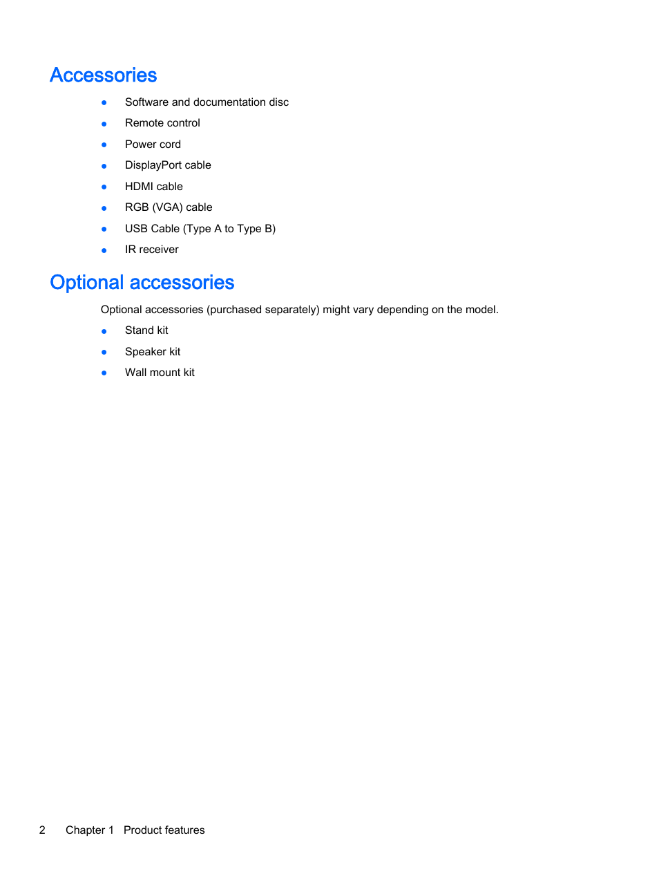Accessories, Optional accessories, Accessories optional accessories | HP LD4245tm 41.92-inch Interactive LED Digital Signage Display User Manual | Page 12 / 114