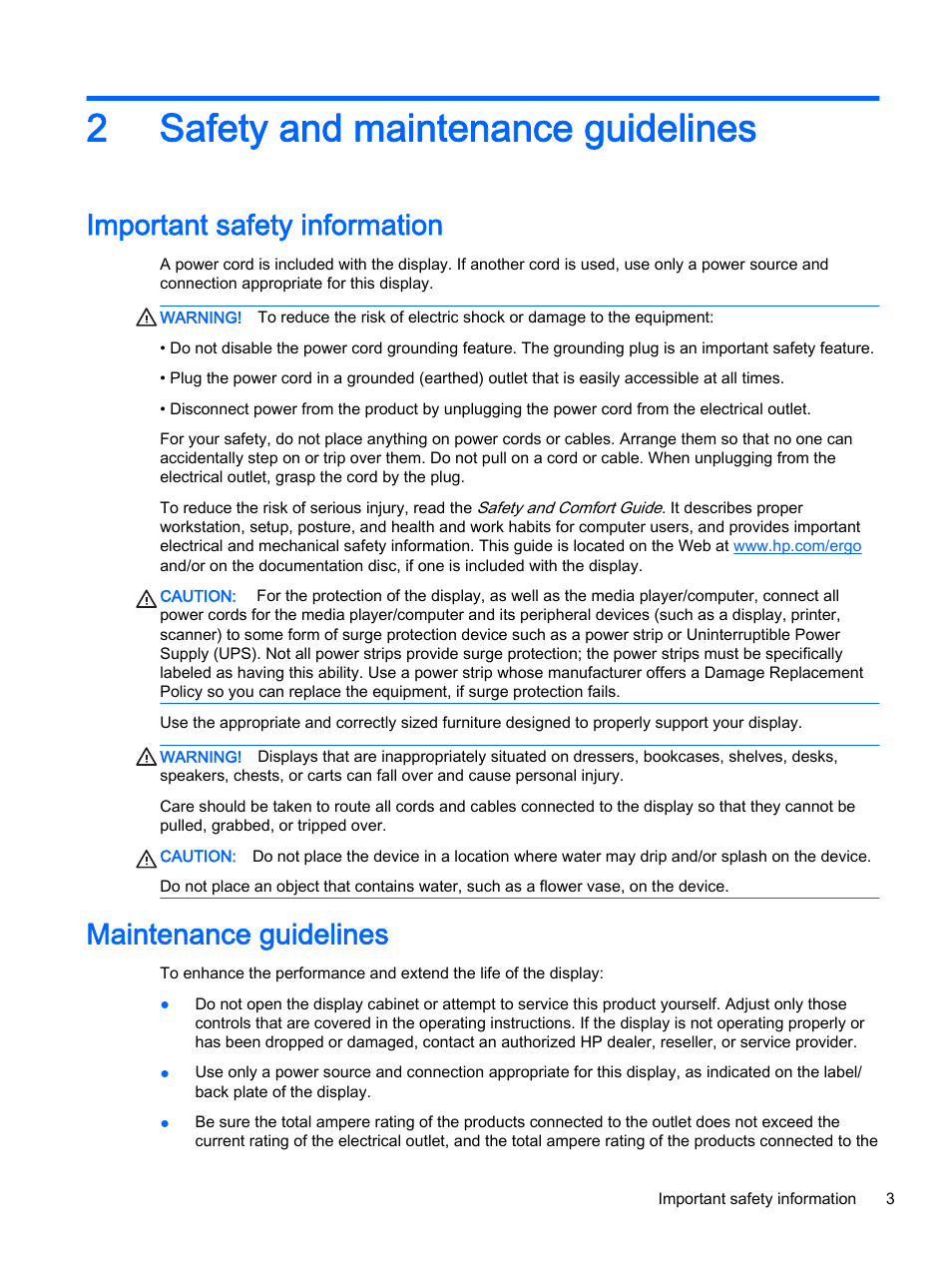 Safety and maintenance guidelines, Important safety information, Maintenance guidelines | 2 safety and maintenance guidelines, 2safety and maintenance guidelines | HP LD4245tm 41.92-inch Interactive LED Digital Signage Display User Manual | Page 13 / 114