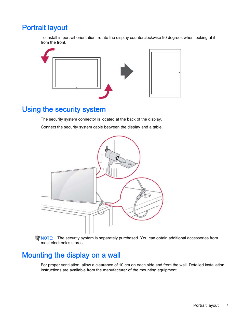 Portrait layout, Using the security system, Mounting the display on a wall | HP LD4245tm 41.92-inch Interactive LED Digital Signage Display User Manual | Page 17 / 114