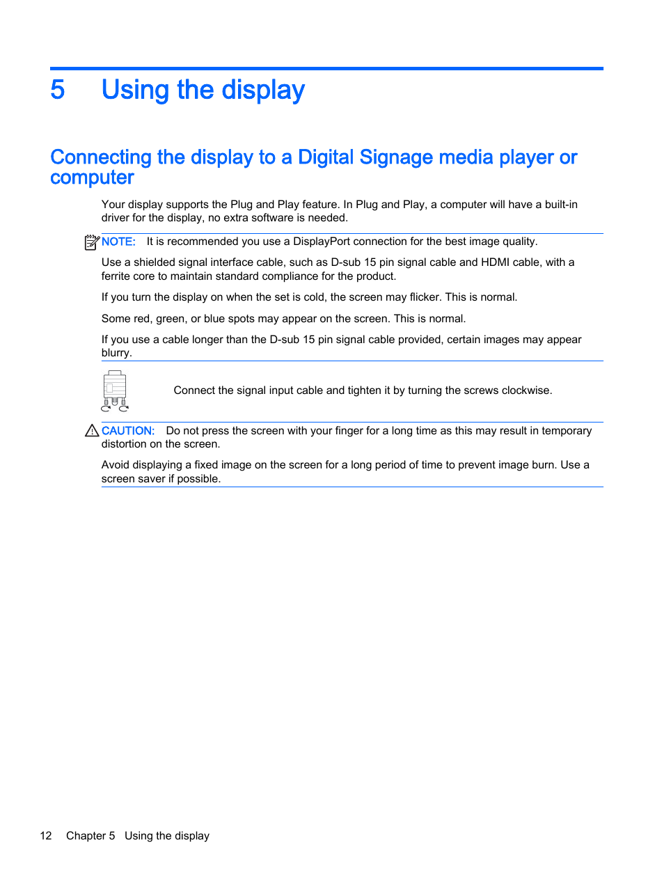 Using the display, 5 using the display, 5using the display | HP LD4245tm 41.92-inch Interactive LED Digital Signage Display User Manual | Page 22 / 114