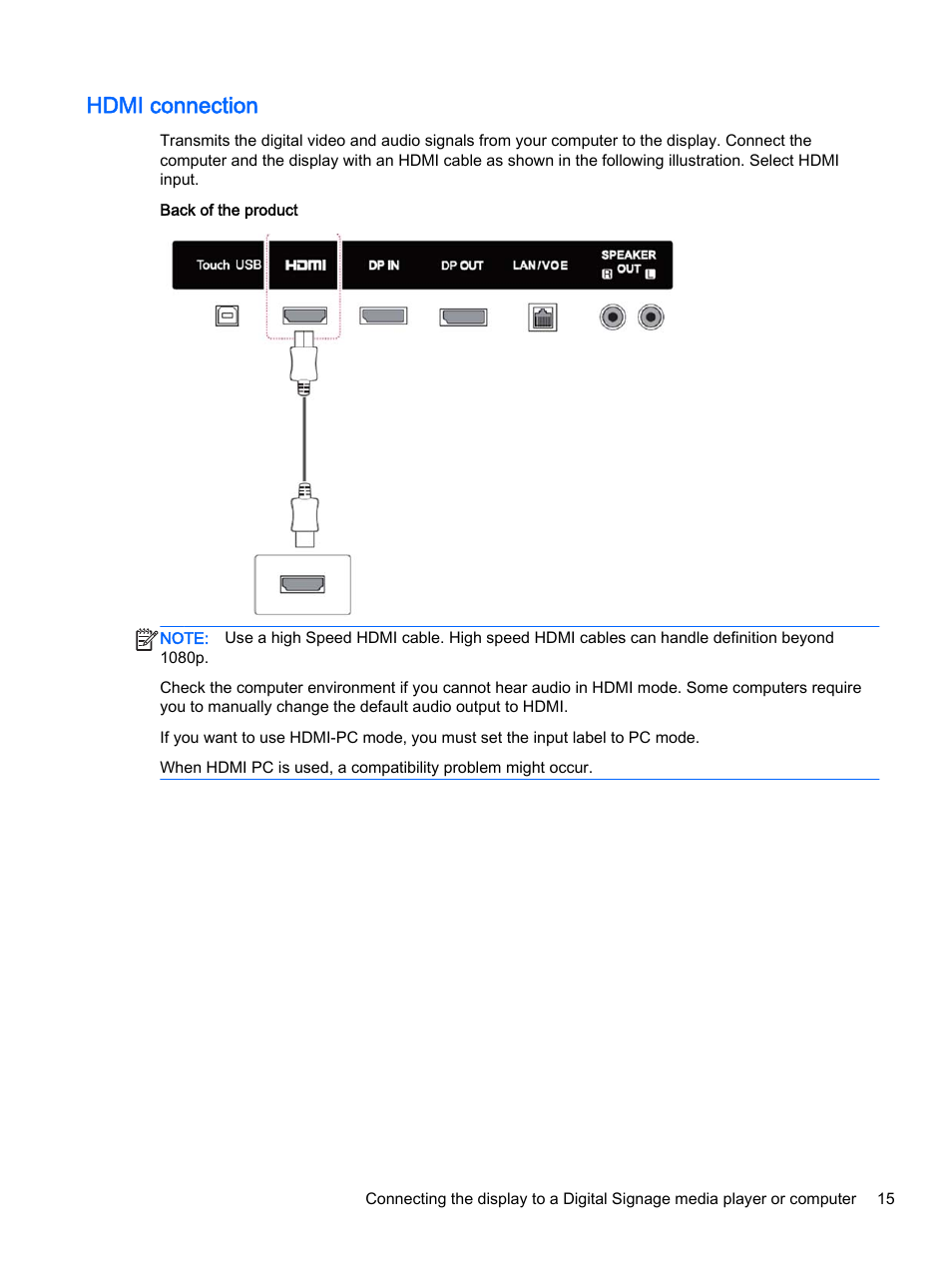 Hdmi connection | HP LD4245tm 41.92-inch Interactive LED Digital Signage Display User Manual | Page 25 / 114