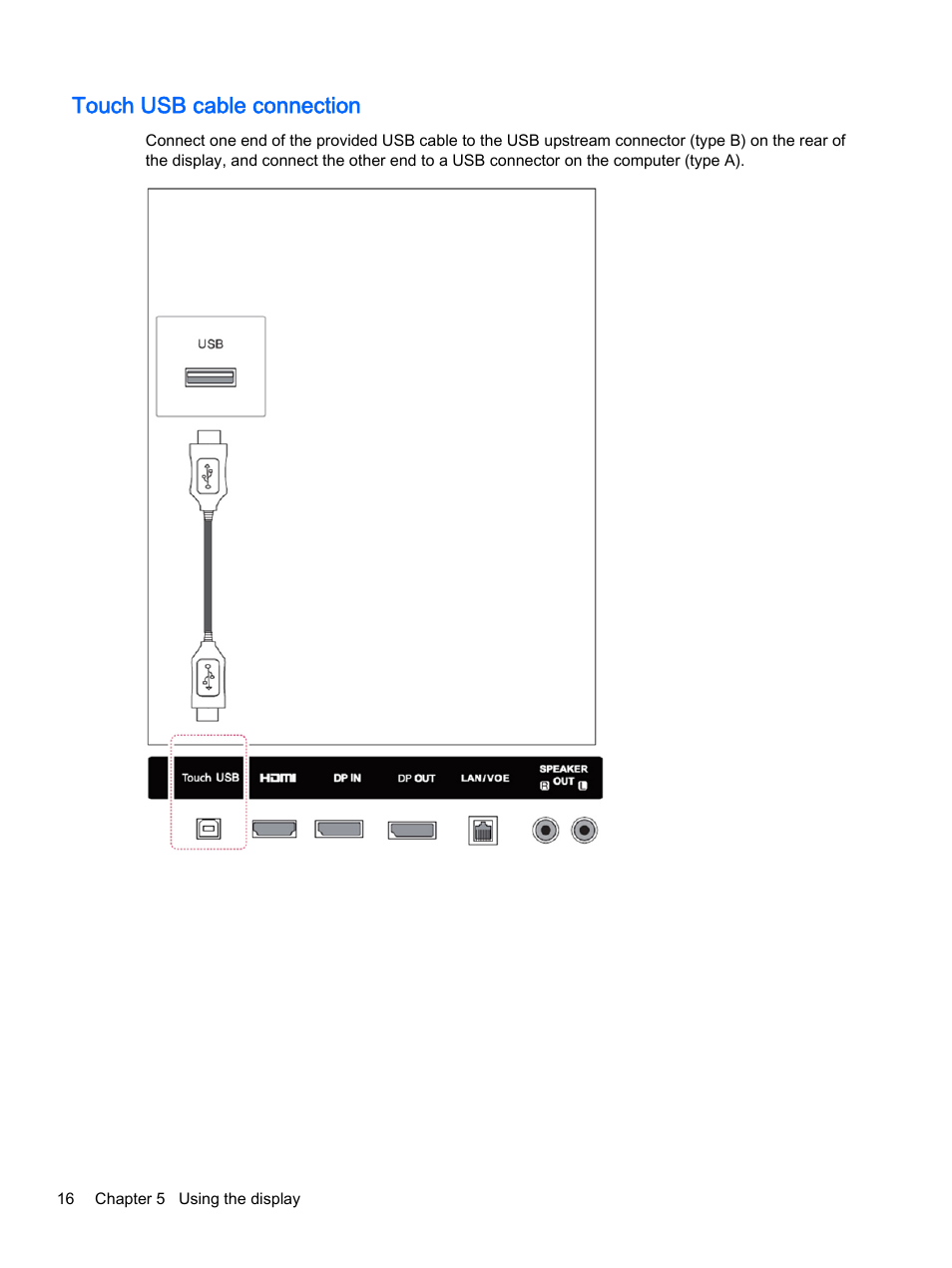 Touch usb cable connection | HP LD4245tm 41.92-inch Interactive LED Digital Signage Display User Manual | Page 26 / 114