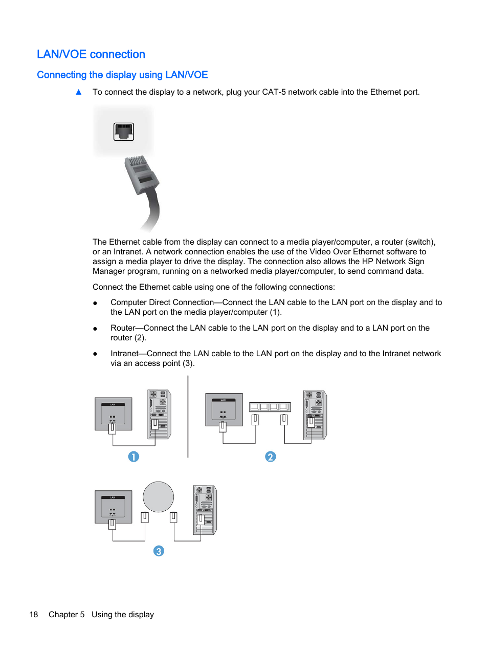 Lan/voe connection, Connecting the display using lan/voe | HP LD4245tm 41.92-inch Interactive LED Digital Signage Display User Manual | Page 28 / 114