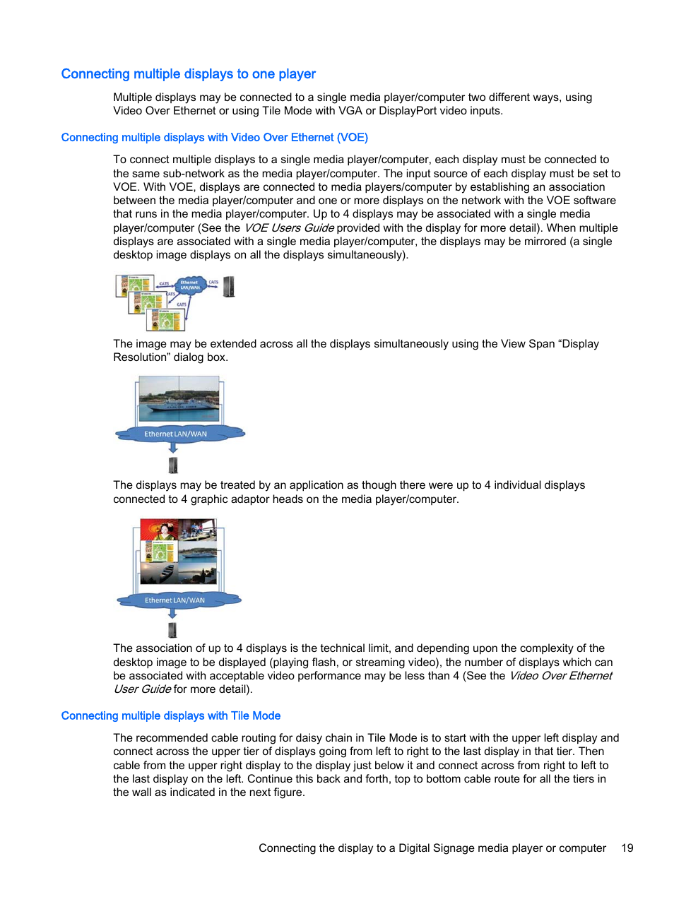 Connecting multiple displays to one player, Connecting multiple displays with tile mode | HP LD4245tm 41.92-inch Interactive LED Digital Signage Display User Manual | Page 29 / 114
