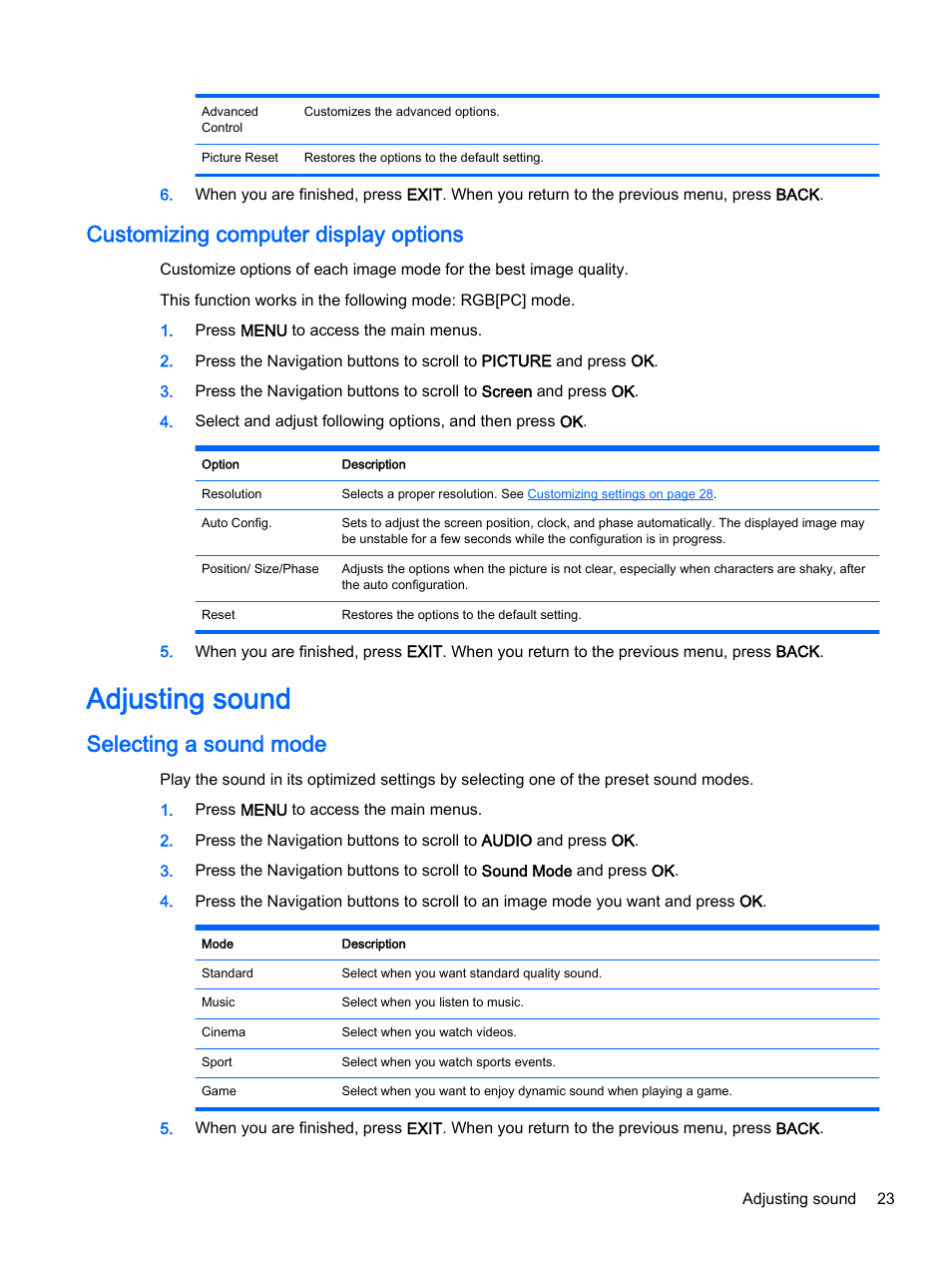 Customizing computer display options, Adjusting sound, Selecting a sound mode | HP LD4245tm 41.92-inch Interactive LED Digital Signage Display User Manual | Page 33 / 114