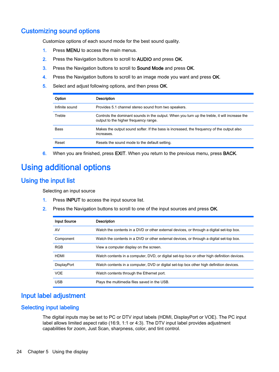 Customizing sound options, Using additional options, Using the input list | Input label adjustment, Selecting input labeling, Using the input list input label adjustment | HP LD4245tm 41.92-inch Interactive LED Digital Signage Display User Manual | Page 34 / 114