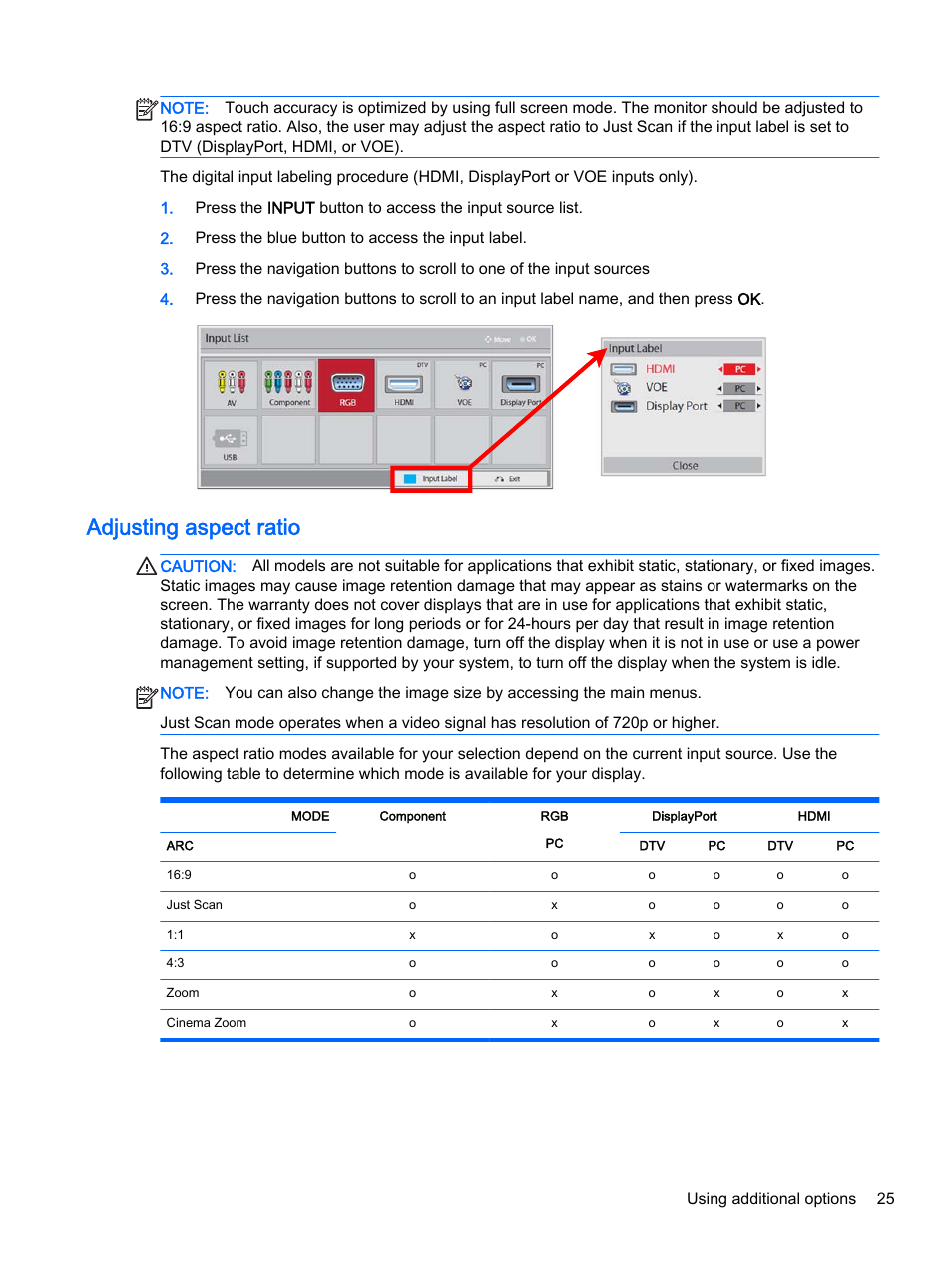 Adjusting aspect ratio | HP LD4245tm 41.92-inch Interactive LED Digital Signage Display User Manual | Page 35 / 114