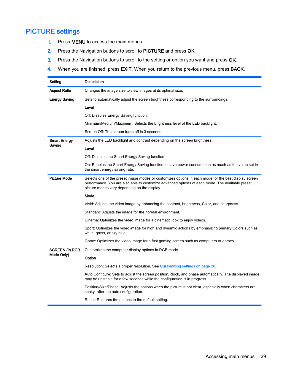 Picture settings | HP LD4245tm 41.92-inch Interactive LED Digital Signage Display User Manual | Page 39 / 114