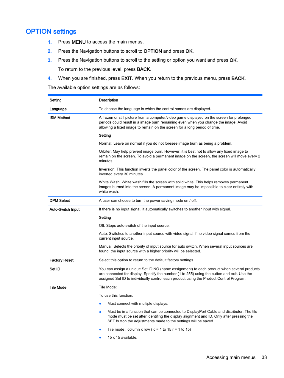 Option settings | HP LD4245tm 41.92-inch Interactive LED Digital Signage Display User Manual | Page 43 / 114