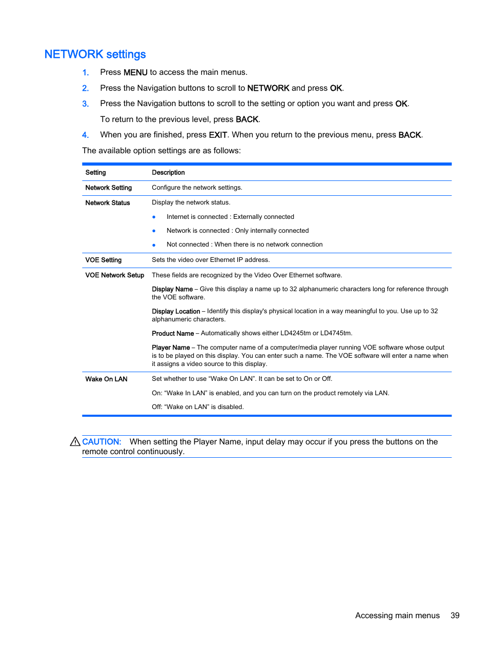 Network settings | HP LD4245tm 41.92-inch Interactive LED Digital Signage Display User Manual | Page 49 / 114