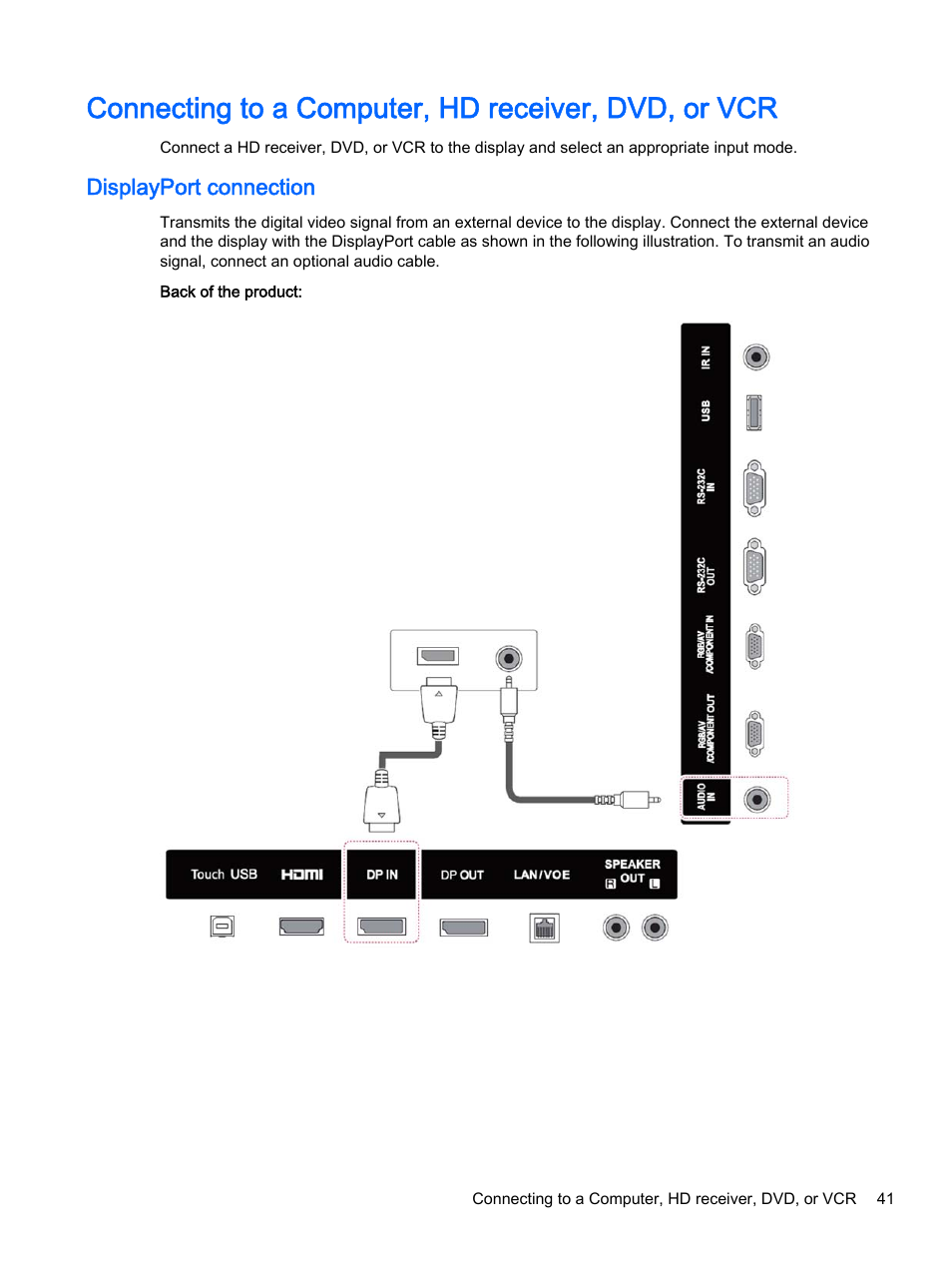 Connecting to a computer, hd receiver, dvd, or vcr, Displayport connection | HP LD4245tm 41.92-inch Interactive LED Digital Signage Display User Manual | Page 51 / 114