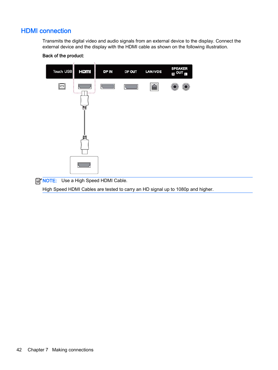 Hdmi connection | HP LD4245tm 41.92-inch Interactive LED Digital Signage Display User Manual | Page 52 / 114
