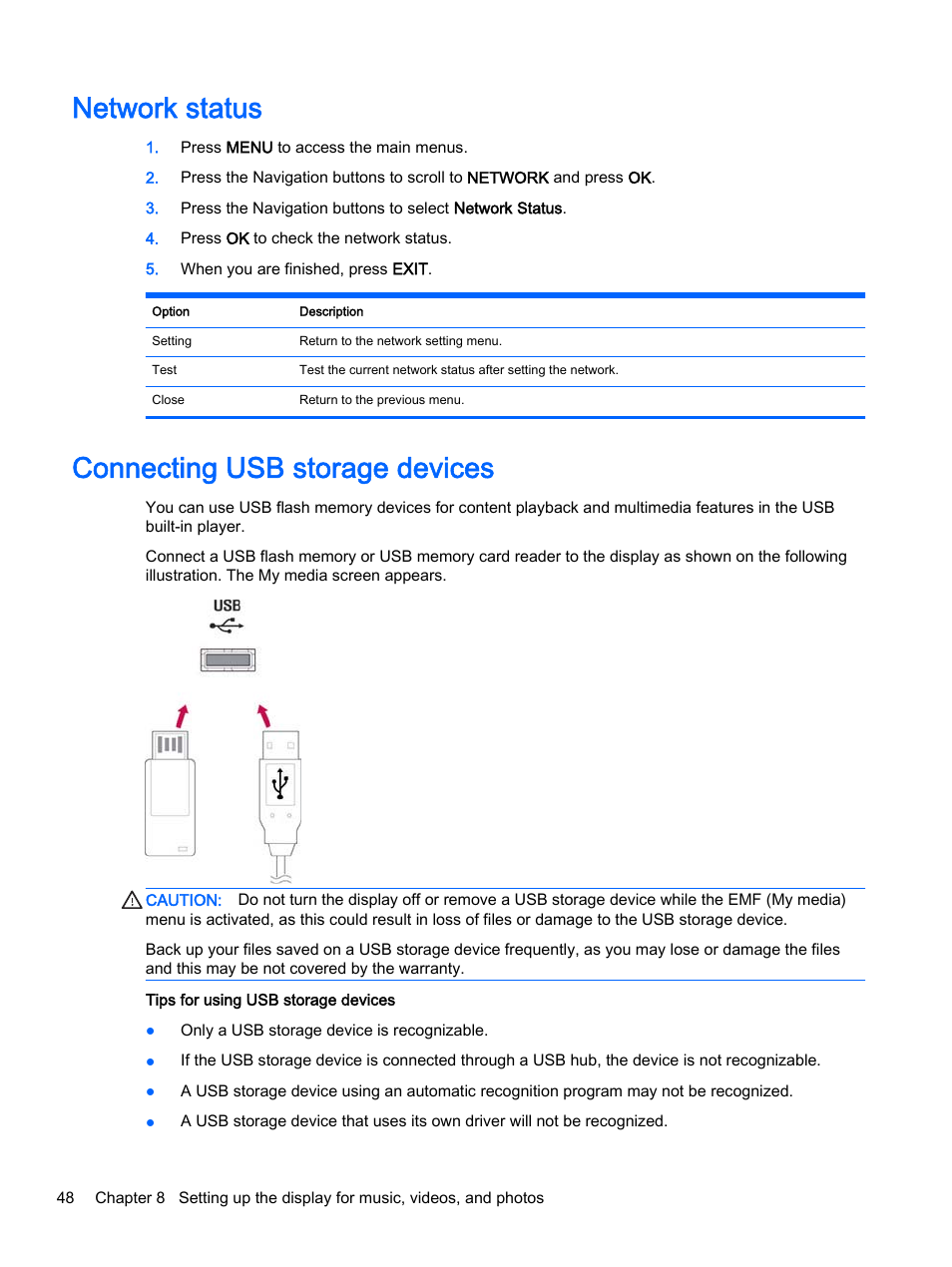 Network status, Connecting usb storage devices, Network status connecting usb storage devices | HP LD4245tm 41.92-inch Interactive LED Digital Signage Display User Manual | Page 58 / 114