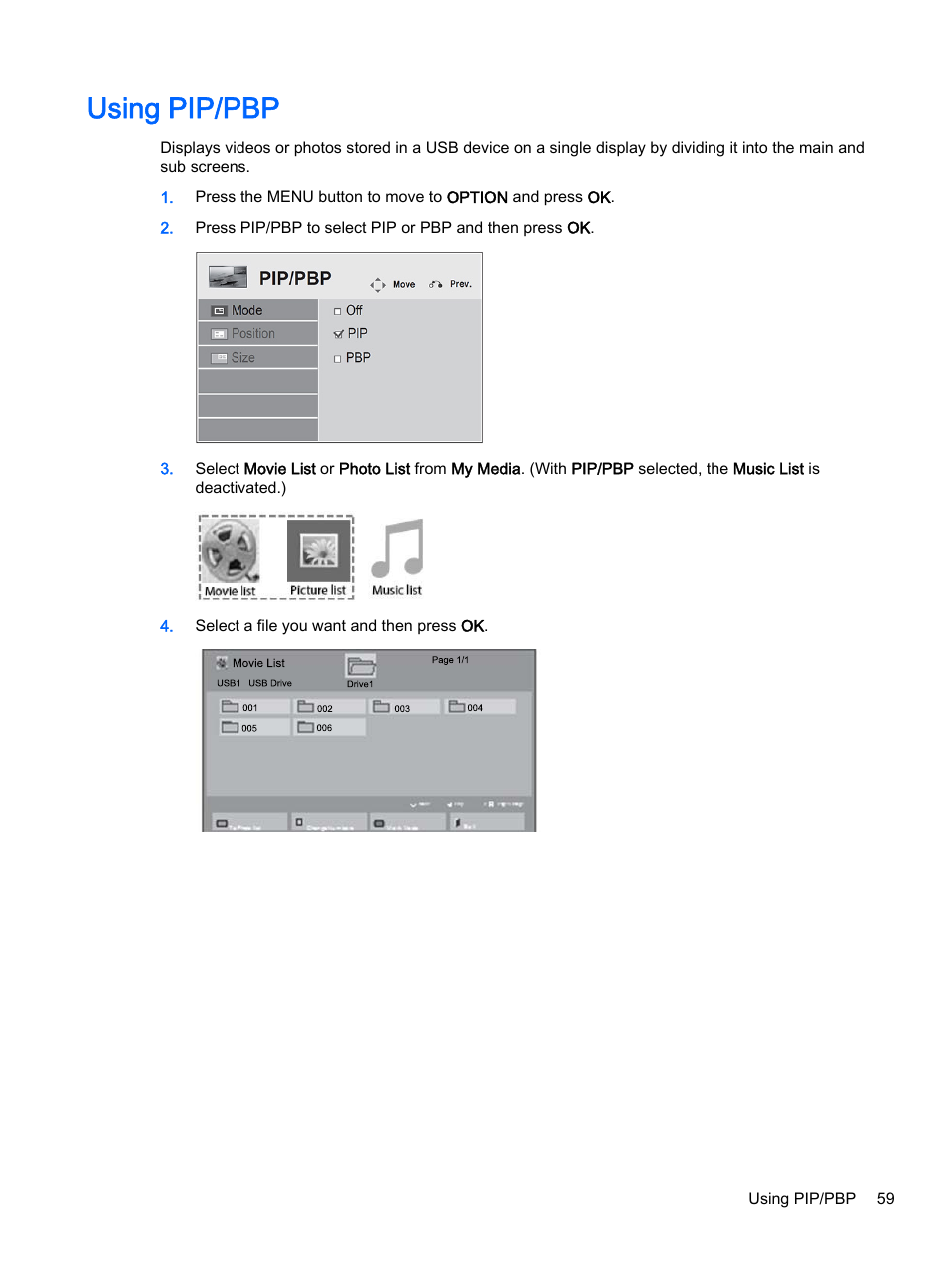 Using pip/pbp | HP LD4245tm 41.92-inch Interactive LED Digital Signage Display User Manual | Page 69 / 114