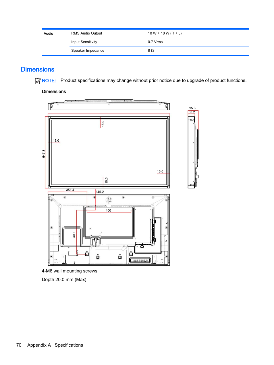 Dimensions | HP LD4245tm 41.92-inch Interactive LED Digital Signage Display User Manual | Page 80 / 114