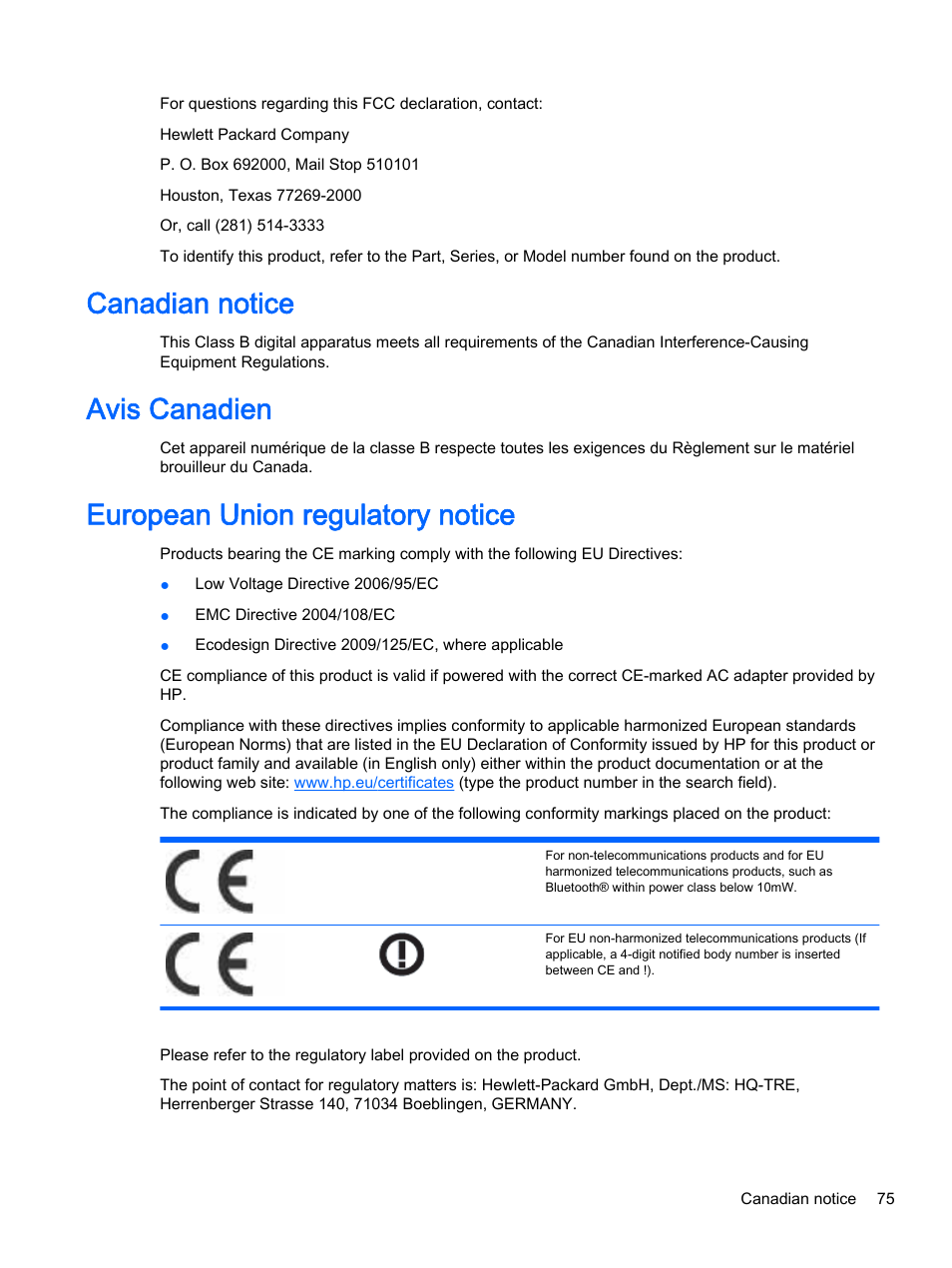 Canadian notice, Avis canadien, European union regulatory notice | HP LD4245tm 41.92-inch Interactive LED Digital Signage Display User Manual | Page 85 / 114