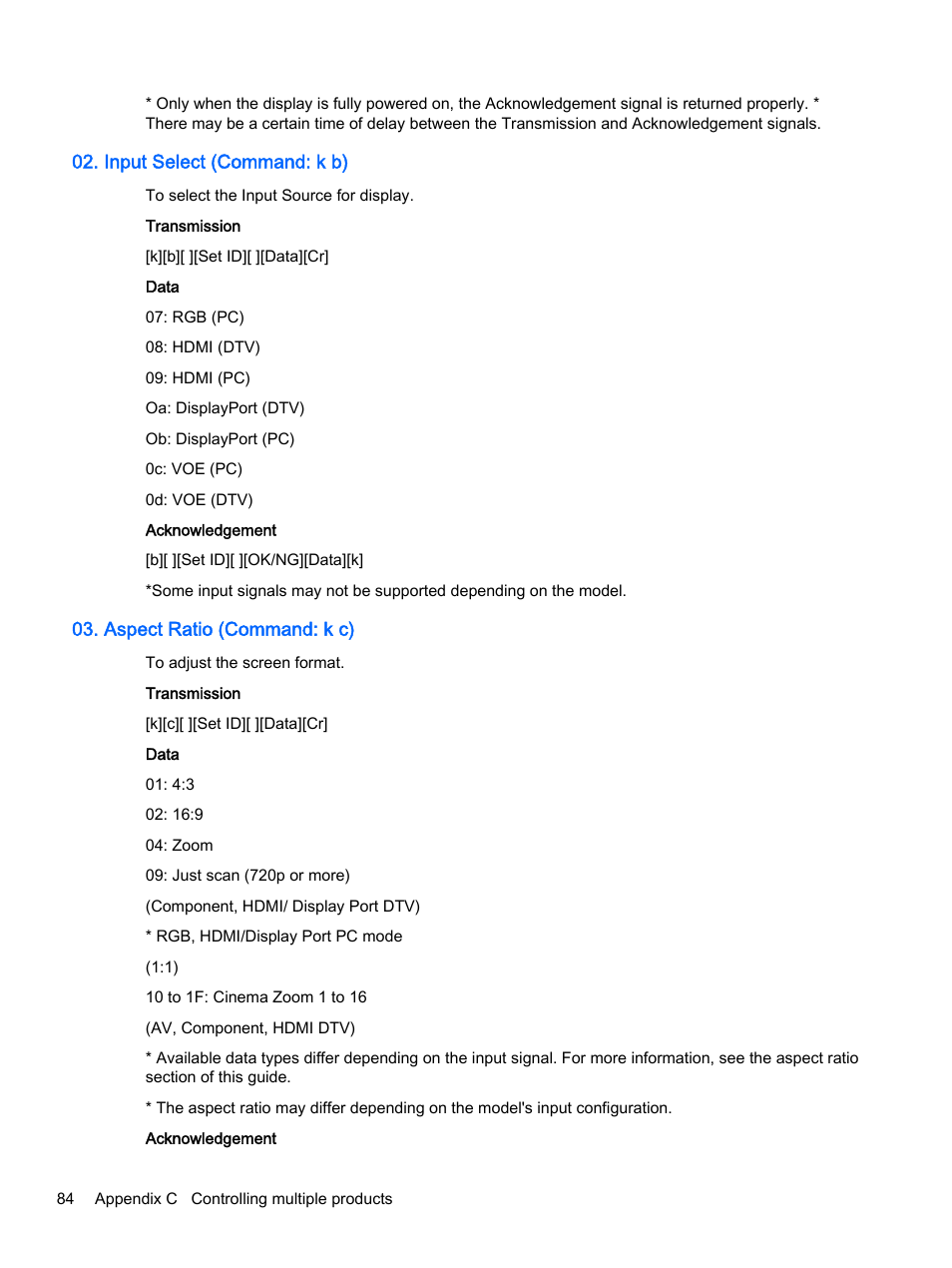 Input select (command: k b), Aspect ratio (command: k c) | HP LD4245tm 41.92-inch Interactive LED Digital Signage Display User Manual | Page 94 / 114