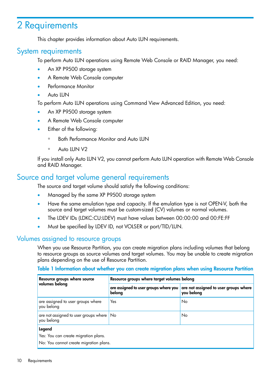 2 requirements, System requirements, Source and target volume general requirements | Volumes assigned to resource groups | HP XP P9000 Auto LUN Software User Manual | Page 10 / 72