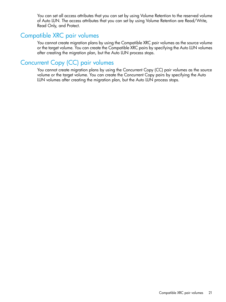 Compatible xrc pair volumes, Concurrent copy (cc) pair volumes | HP XP P9000 Auto LUN Software User Manual | Page 21 / 72